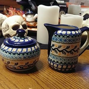 Auth Polish pottery cream/sugar bowl exc